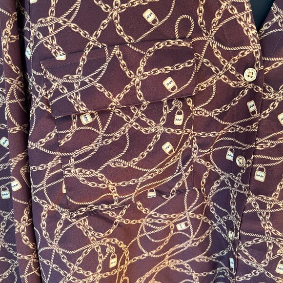 Marc New York Women's Brown Gold Chain Print Button Up Sleeve Blouse Top, Size M - Picture 7 of 11